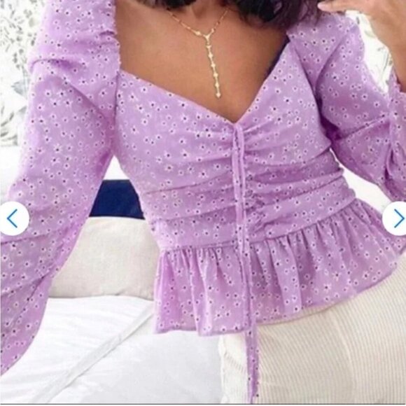 ZARA Lilac Floral Ruched Peplum Top , Size Medium NWT - Picture 6 of 9